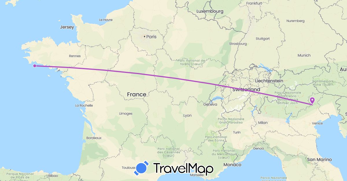 TravelMap itinerary: driving, train in France, Italy (Europe)